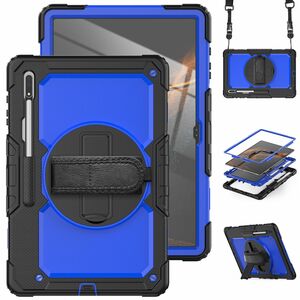 Fr Samsung Galaxy Tab S9 Ultra / S8 Ultra aufstellbare Outdoor Hybrid Blau 360 Grad mit Trage Gurt Tablet Tasche Etuis Cover Case Schutz Robust Neu