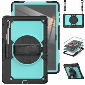 Fr Samsung Galaxy Tab S9 Ultra / S8 Ultra aufstellbare Outdoor Hybrid Hlle Hell Blau 360 Grad mit Trage Gurt Tablet Tasche Cover Case Schutz
