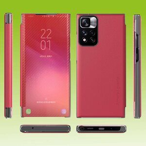 Fr Xiaomi Redmi Note 11 Pro Plus 5G Design Carbon Clear View Smartcover Cover Hlle Case Rot