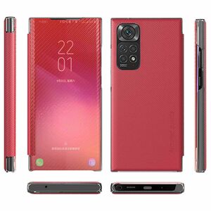 Fr Xiaomi Redmi Note 11 / 11s 4G Design Carbon Clear View Smartcover Cover Hlle Case Rot