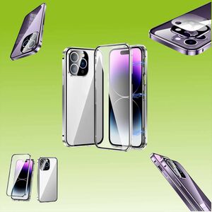 Fr Apple iPhone 14 Pro Max Beidseitiger 360 Grad Magnet Glas Hlle Handy Tasche Bumper Silber