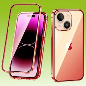 Fr Apple iPhone 14 Plus Beidseitiger 360 Grad Magnet Glas Hlle Handy Tasche Bumper Rot