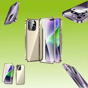 Fr Apple iPhone 14 Plus Beidseitiger 360 Grad Magnet Glas Hlle Handy Tasche Bumper Gold