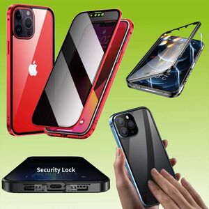 Fr Apple iPhone 14 Pro Beidseitiger 360 Grad Magnet / Glas Privacy Mirror Case Hlle Handy Tasche Bumper Rot