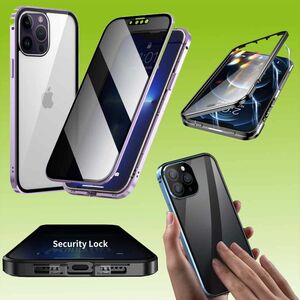 Für Apple iPhone 14 Pro Max Beidseitiger 360 Grad Magnet / Glas Privacy Mirror Case Hülle Handy Tasche Bumper Lila
