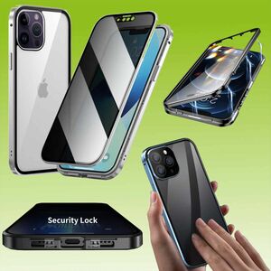 Fr Apple iPhone 14 Pro Max Beidseitiger 360 Grad Magnet / Glas Privacy Mirror Case Hlle Handy Tasche Bumper Silber