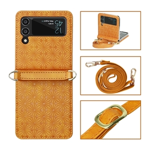 Fr Samsung Galaxy Z Flip4 5G Kunstleder Geprgt Design mit Gurt Handy Tasche Hlle Etuis Gelb 