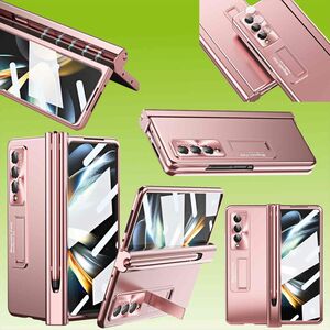 Fr Samsung Galaxy Z Fold4 5G Magnetische Metall / Kunststoff / Glas Handy Tasche Hlle Etuis Pink + Stift