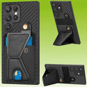Für Samsung Galaxy S23 Ultra TPU Schutz Schwarz Carbon / Karten Flip Hülle Handy Tasche Cover Etui Zubehör Neu