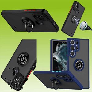 F�r Samsung Galaxy S23 Ultra TPU / PC Design Ring Cover Handy Tasche H�lle Schutz Etuis Dunkelblau Neu