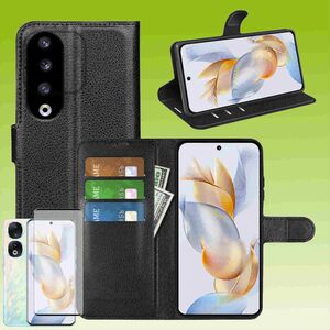 F�r Honor 90 Pro 5G Produktset Handy Tasche Wallet + H9 4D Curved Hart Glas Schutz H�lle Case Cover Etuis Neu Zubeh�r Schwarz