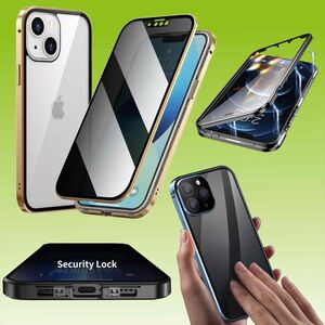 Fr Apple iPhone 15 Plus Beidseitiger 360 Grad Magnet / Glas Privacy Mirror Case Hlle Handy Tasche Bumper Gold