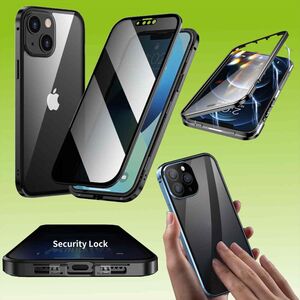 F�r Apple iPhone 15 Plus Beidseitiger 360 Grad Magnet / Glas Privacy Mirror Case H�lle Handy Tasche Bumper Schwarz