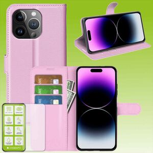 Fr Apple iPhone 15 Pro Produktset Handy Tasche Wallet + H9 Hart Glas Schutz Hlle Case Cover Etuis Zubehr Rosa