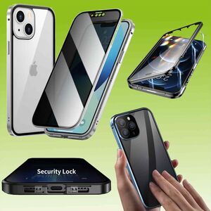 Fr Apple iPhone 15 Pro Max Beidseitiger 360 Grad Magnet / Glas Privacy Mirror Case Hlle Handy Tasche Bumper Silber