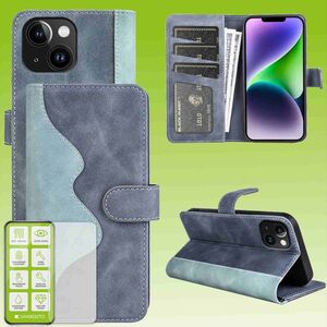 F�r Apple iPhone 15 Plus Produktset Design Handy Tasche Wallet + H9 Hart Glas Schutz H�lle Case Cover Etuis Zubeh�r Blau