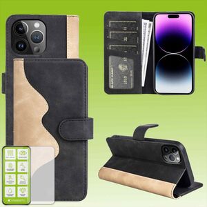 F�r Apple iPhone 15 Pro Produktset Design Handy Tasche Wallet + H9 Hart Glas Schutz H�lle Case Cover Etuis Zubeh�r Schwarz