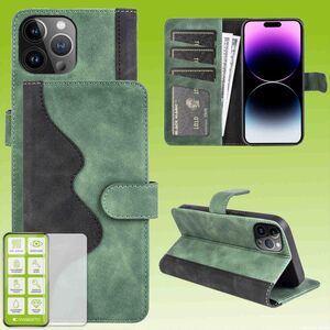 Fr Apple iPhone 15 Pro Max Produktset Design Handy Tasche Wallet + H9 Hart Glas Schutz Hlle Case Cover Etuis Zubehr Grn