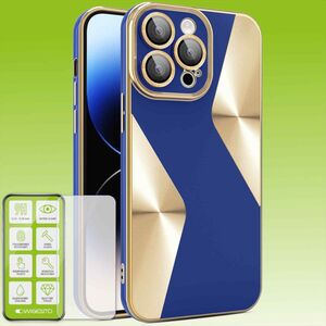 Fr Apple iPhone 15 Pro Max Produktset Electroplated Silikon TPU + H9 Hart Glas Schutz Hlle Case Cover Zubehr Dunkelblau
