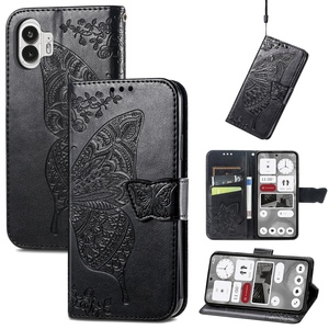 F�r Nothing Phone 2 Kunstleder Wallet Handy Tasche Schmetterling Design H�lle Etuis Schwarz