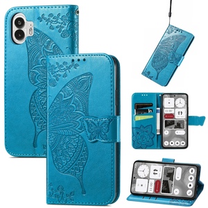 F�r Nothing Phone 2 Kunstleder Wallet Handy Tasche Schmetterling Design H�lle Etuis Blau