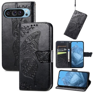 F�r Google Pixel 9 / 9 Pro Kunstleder Wallet Handy Tasche Schmetterling Design H�lle Etuis Schwarz