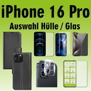 F�r Apple iPhone 16 Pro Kunstleder Book Wallet Tasche Schwarz Hart Glas AUSWAHL