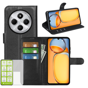 Fr Xiaomi Redmi 14C Kunstleder Book Wallet Tasche Schwarz + Hart Glas