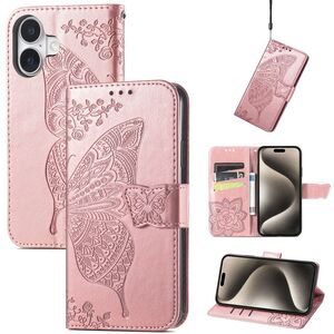 F�r Apple iPhone 16 Kunstleder Wallet Schmetterling H�lle Case Rosa