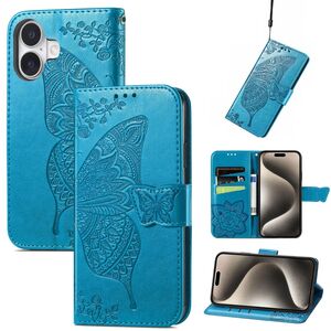 F�r Apple iPhone 16 Kunstleder Wallet Schmetterling H�lle Case Blau