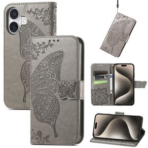 F�r Apple iPhone 16 Kunstleder Wallet Schmetterling H�lle Case Grau