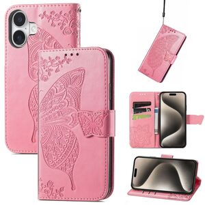F�r Apple iPhone 16 Plus Kunstleder Wallet Schmetterling H�lle Pink
