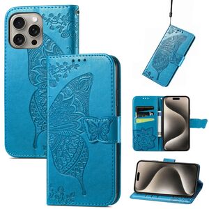 F�r Apple iPhone 16 Pro Kunstleder Wallet Schmetterling H�lle Blau