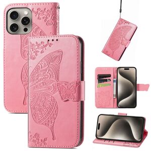 Fr Apple iPhone 16 Pro Max Book Wallet Etuis Schmetterling Hlle Pink