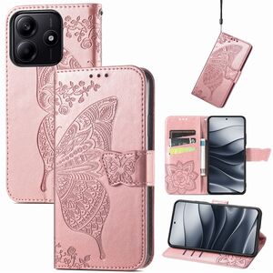 Fr Xiaomi Redmi Note 14 5G Kunstleder Wallet Schmetterling Hlle Rosa