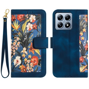 Fr Xiaomi 14T Kunstleder Wallet Blumen Design Tasche Hlle Dunkelblau