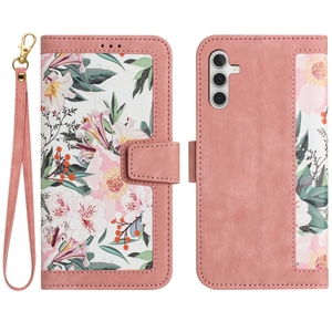 Fr Samsung Galaxy S25 Kunstleder Book Wallet Blumen Tasche Hlle Rosa