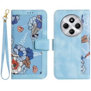 Fr Xiaomi Redmi 14C 4G Kunstleder Wallet Blumen Tasche Hlle Hellblau