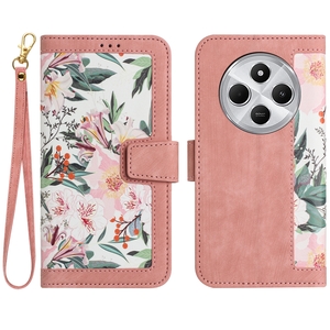 Fr Xiaomi Redmi 14C 4G Kunstleder Wallet Blumen Tasche Hlle Rosa