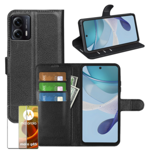 F�r Motorola Moto G85 5G Book Wallet Tasche Schwarz + Curved Hart Glas