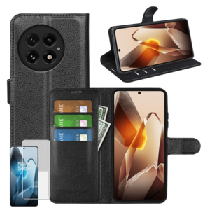 Fr OnePlus 13 Book Wallet Handy Tasche Schwarz + 4D Curved Hart Glas