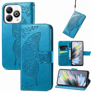 F�r ZTE Blade A75 4G Kunstleder Schmetterling Wallet H�lle Tasche Blau