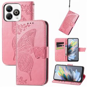 F�r ZTE Blade A75 4G Kunstleder Schmetterling Wallet H�lle Tasche Pink