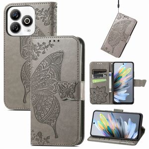 F�r ZTE Blade A75 4G Kunstleder Schmetterling Wallet H�lle Tasche Grau
