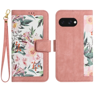 Fr Google Pixel 9a Kunstleder Book Wallet Blumen Tasche Hlle Rosa