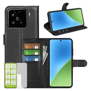 F�r Xiaomi 15 Kunstleder Wallet Handy Tasche Schwarz + 9H Hart Glas