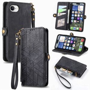 F�r Apple iPhone 16e Kunstleder Zipper Book Wallet Tasche Schwarz