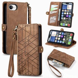 Fr Apple iPhone 16e Kunstleder Design Zipper Book Wallet Tasche Braun
