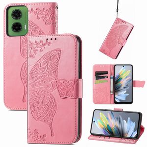 F�r Motorola Moto G35 Kunstleder Schmetterling Handy Tasche H�lle Pink