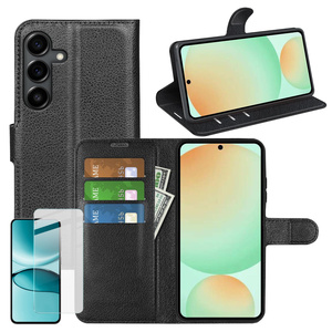 F�r Samsung Galaxy S25 FE Kunstleder Book H�lle Schwarz + 9H Hart Glas